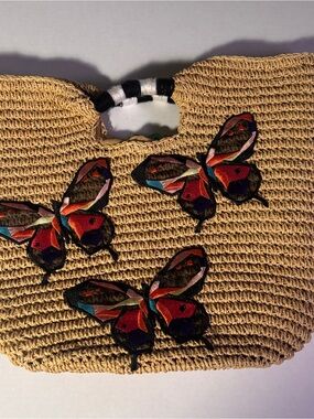 Bay Sky Embroidered Raffia Butterfly Tote Handbag